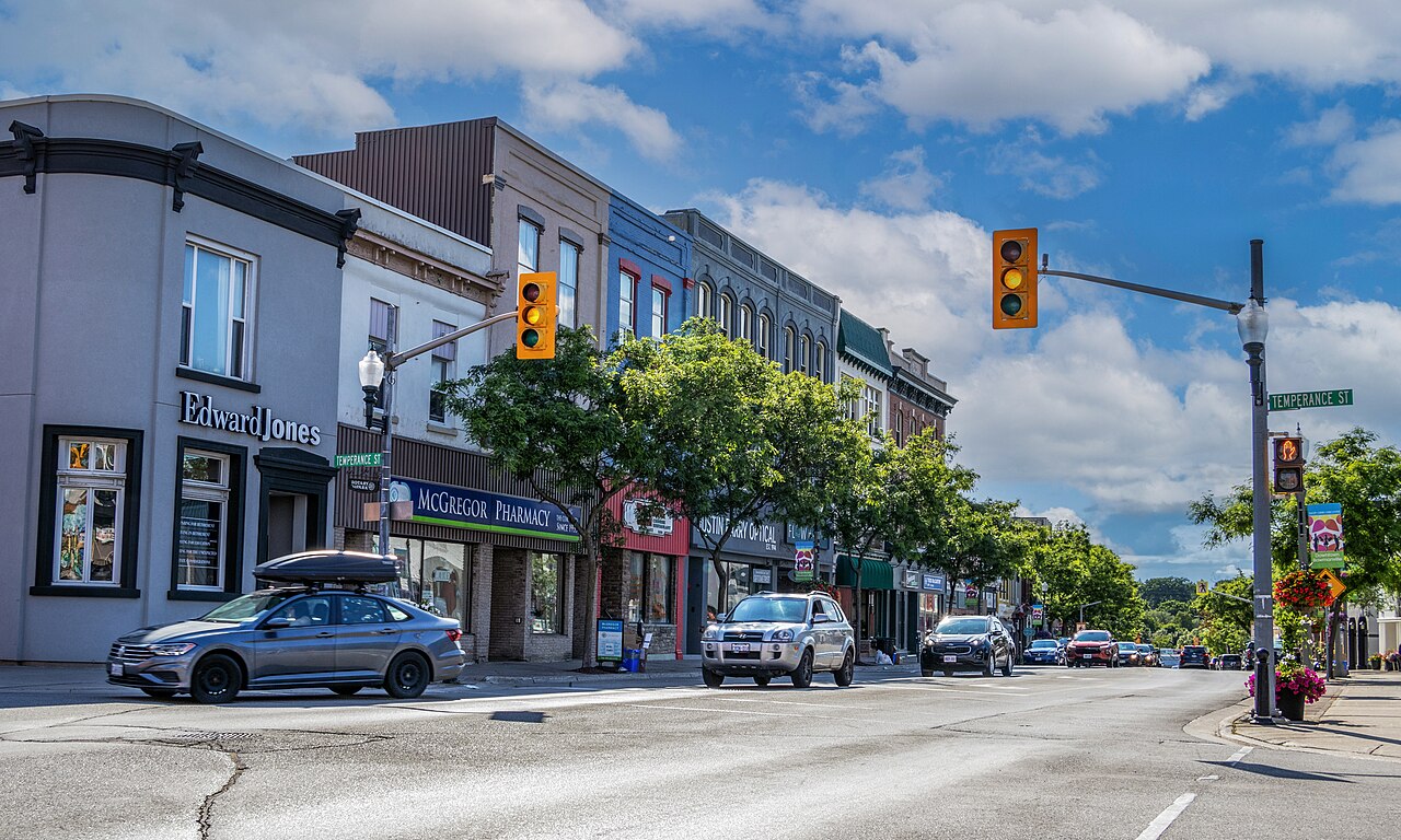 Historic storefronts and traffic at King Street and Temperance Street in downtown Bowmanville