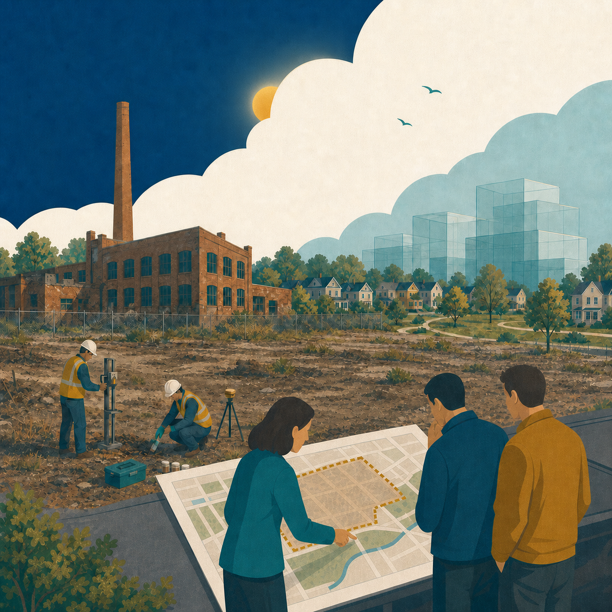Illustration of brownfield testing and planning review at a former industrial site