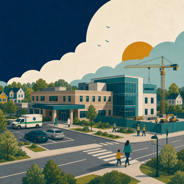 Illustration of a community hospital expansion coordinated with construction and safe street access