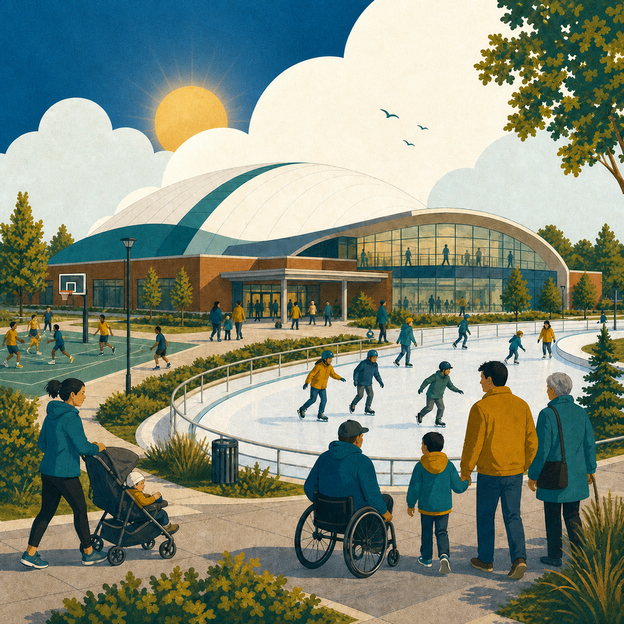 Illustration of an inclusive recreation centre with a sports dome, courts and skating trail