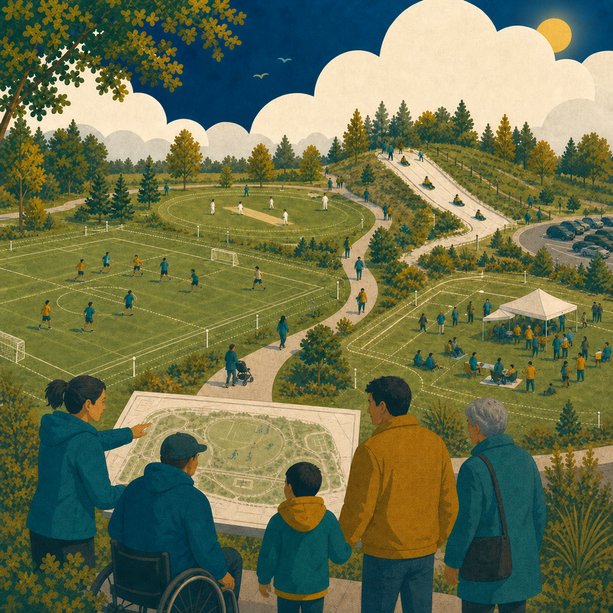 Illustration of residents reviewing a sports and event grounds concept with fields, trails and community space