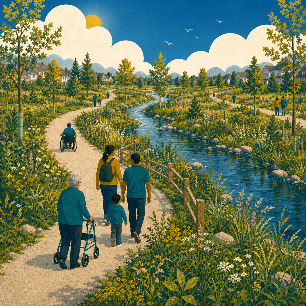 Illustration of an accessible naturalized trail beside Soper Creek
